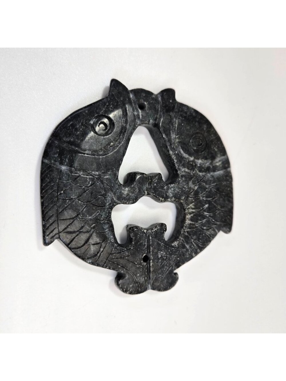 Vintage Carved Black Nephrite Jade Double Koi Pendant